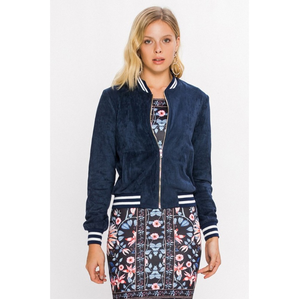 blue suede bomber jacket
